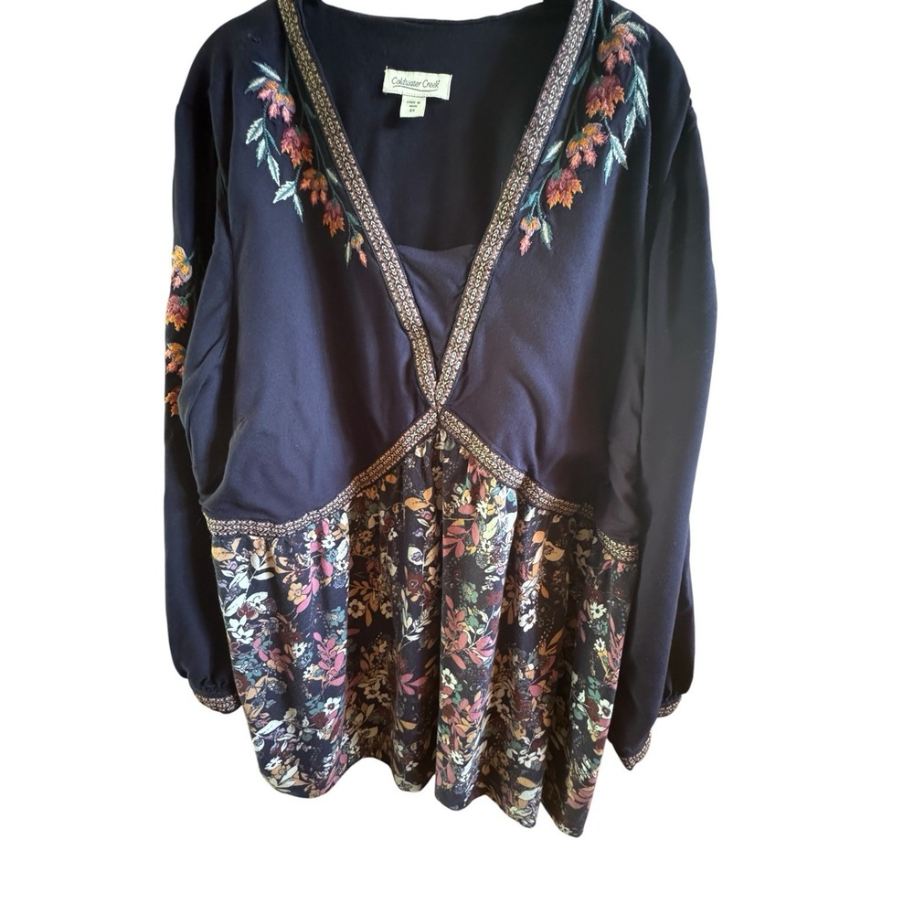 Coldwater Creek Navy Blue Floral Boho Tunic Women's 2X Embroidery On Sleeves
